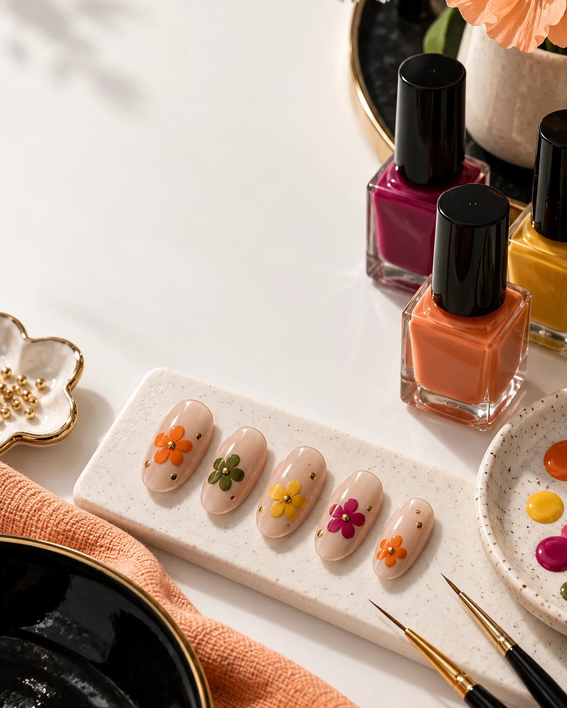 Illustrative floral nail-art still life — original artwork, not a photograph of Primp & Tease clients or the salon.